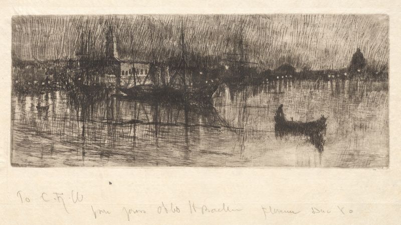Noche Lluviosa en Venecia de Otto Henry Bacher, óleo sobre lienzo que muestra una góndola bajo la lluvia