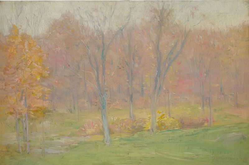 Otoño Lluvia óleo de Julian Alden Weir con hojas vibrantes y lluvia reluciente.