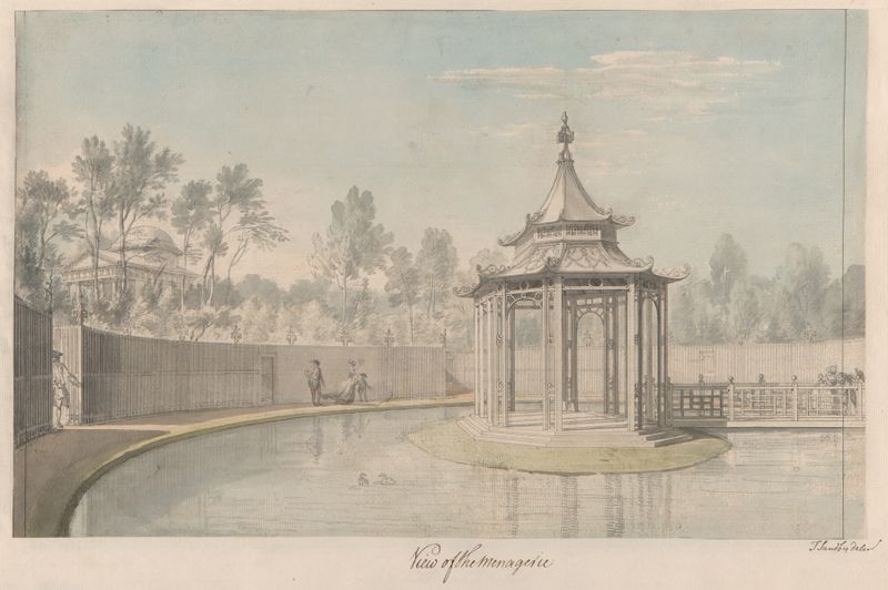 View of the Menagerie at Kew de Thomas Sandby, pintura a óleo que retrata folhagem exuberante e animais