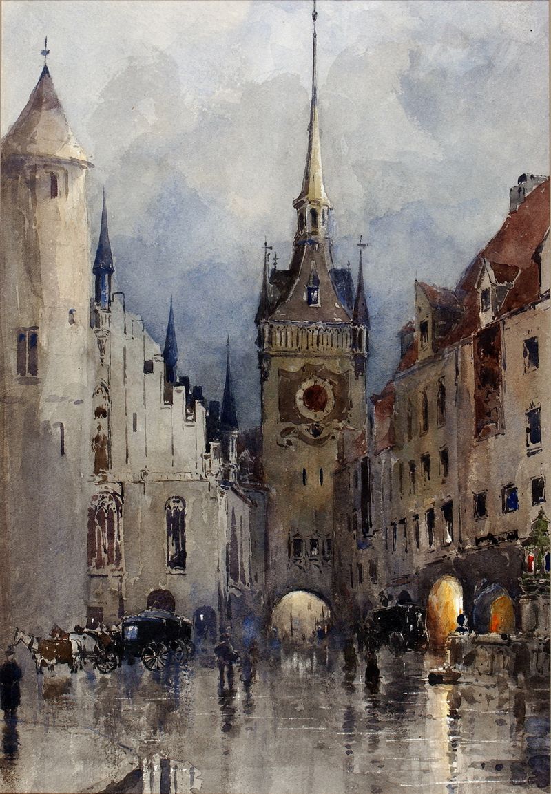 Street Scene in Munich by Ross Sterling Turner, oil on canvas showing a bustling market with vendors and produce.