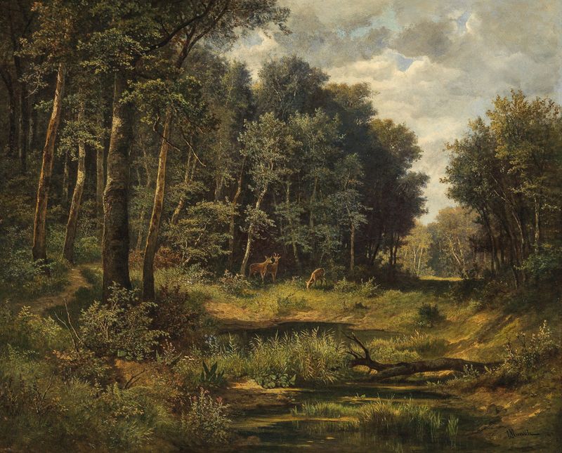 Roe Deer at the Forest Pond by Leopold Munsch, depicting a serene forest landscape.