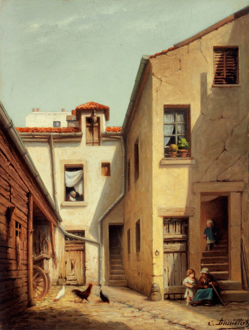 Interior scene with cobblestones, oil painting by C. Bussilliet