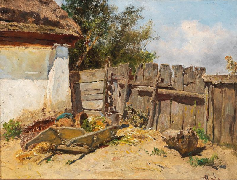 In The Farmhouse Garden by Anton Schrödl, oil painting depicting a woman and child in a vibrant garden.