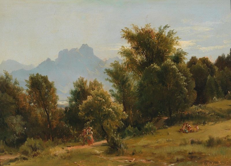 Paisagem com árvores na Baviera, óleo sobre tela de Ludwig Halauska