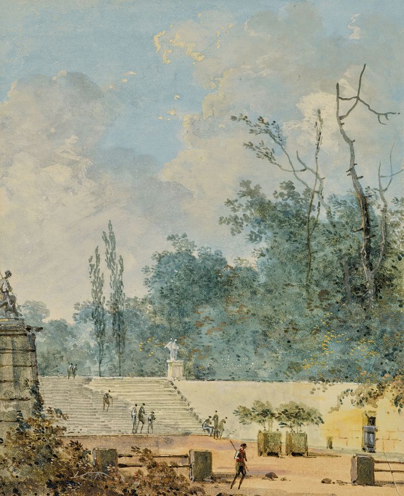 Rococo landscape with figures strolling in a park by Louis Gabriel Moreau