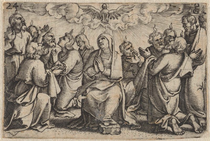 Gravura de Georg Pencz mostrando figuras em admiração durante a efusão do Espírito Santo.