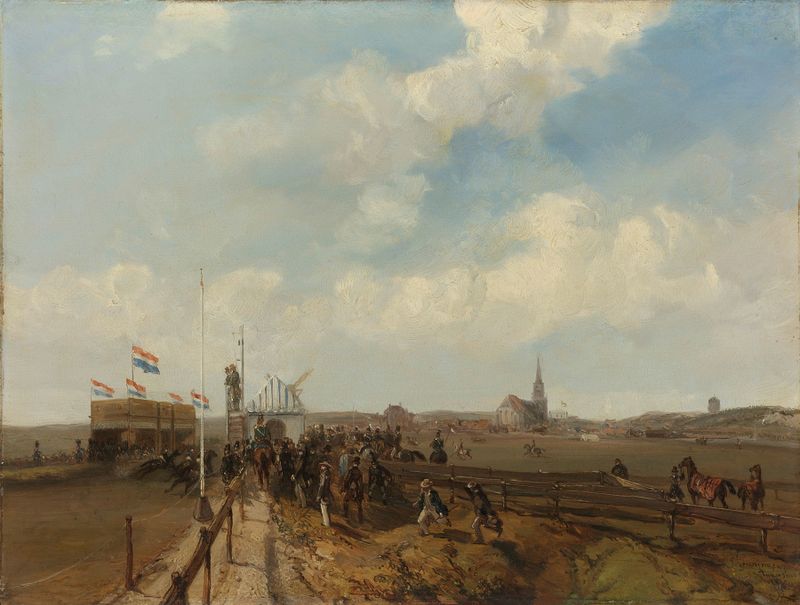 Racetrack at Scheveningen de Charles Rochussen, pintura al óleo de una animada carrera de caballos.