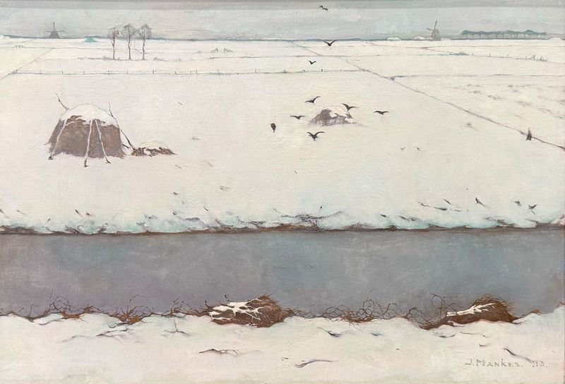 Winter landscape with a ditch, oil painting by Jan Mankes