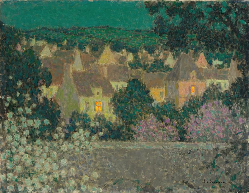 Les Toits, Composition de Henri Le Sidaner, óleo sobre tela mostrando telhados ao amanhecer.