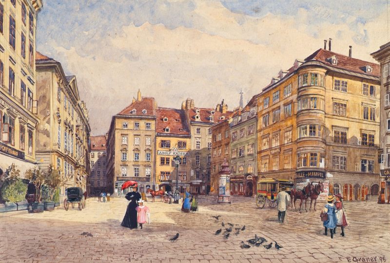 Der Judenplatz In Wien by Ernst Graner, oil on canvas depicting a melancholic Jewish quarter in Vienna.