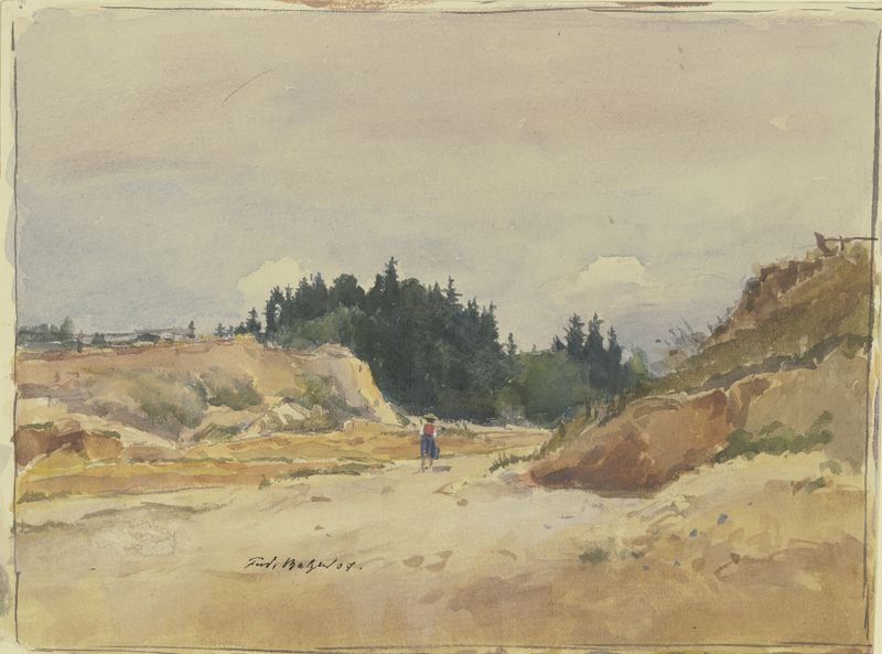 Oil painting by Ferdinand Balzer depicting a child walking on a sandy path in a landscape
