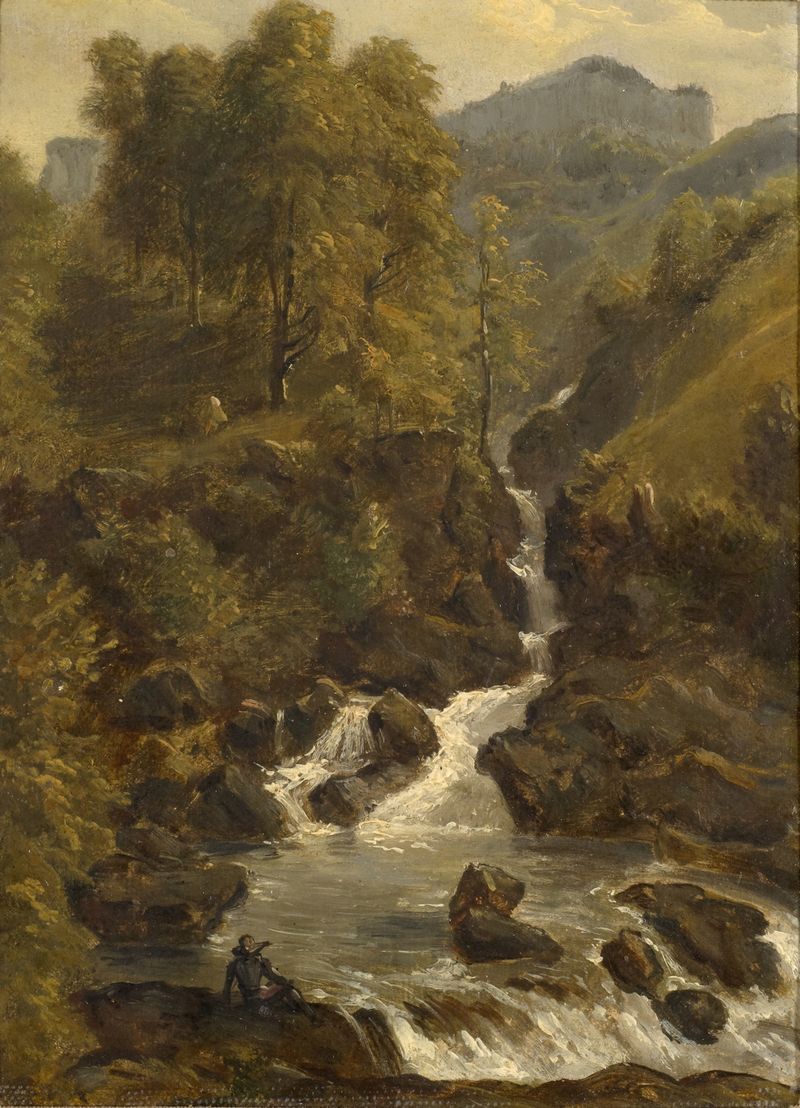 Paisagem com Riacho, óleo sobre tela de Wilhelm Ulrich Oppermann, apresentando um riacho sereno e vegetação exuberante.