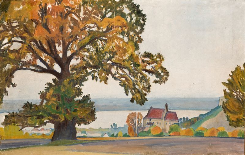 Landscape with an oak tree, river, and hills by Stanisław Czajkowski, oil on canvas
