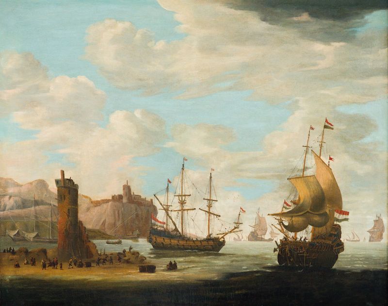 Uma paisagem marinha com grandes barcos navegando no oceano, óleo sobre tela de Adam Silo