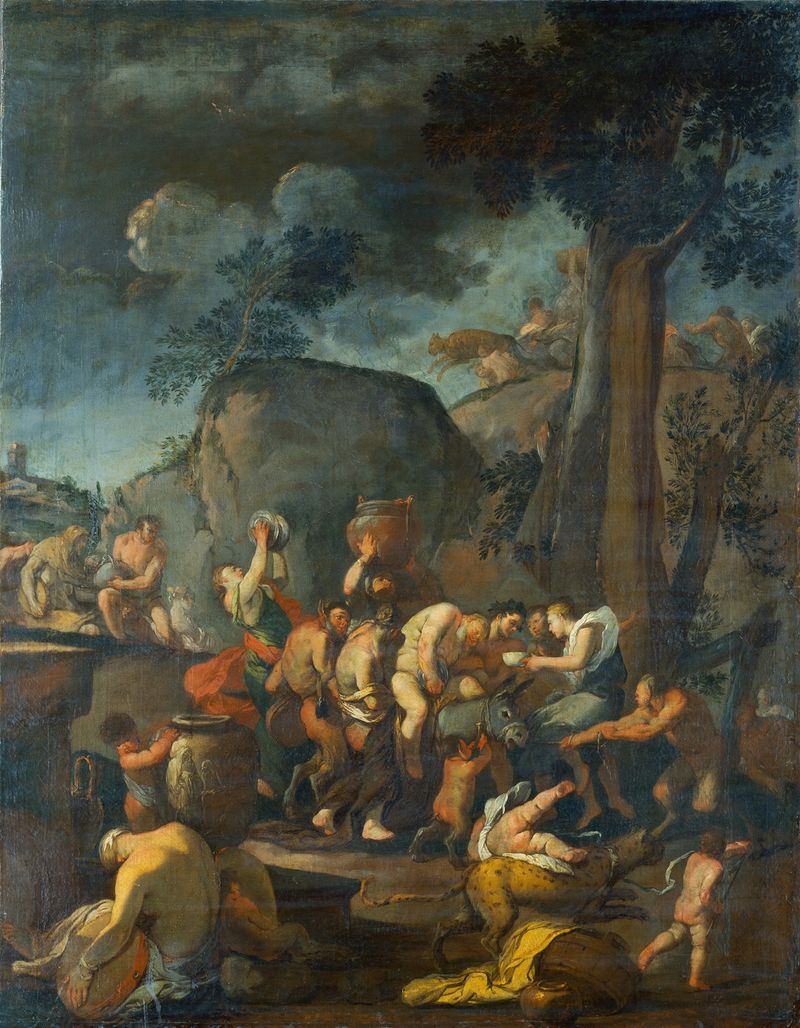 A Bacchanal de Giulio Carpioni, pintura a óleo que retrata figuras extáticas dançando na luz dourada.