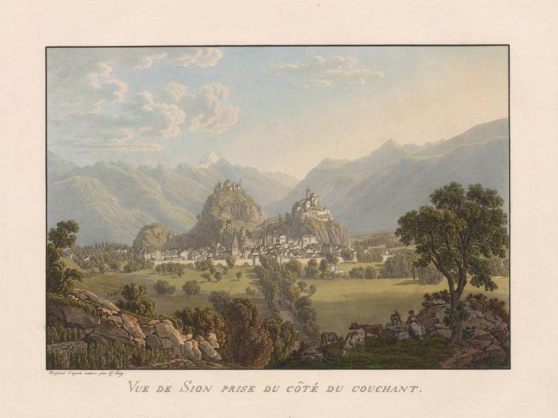 Vue de Sion prise du Côté du Couchant by Gabriel Lory the Younger, oil painting depicting mountains at sunset.