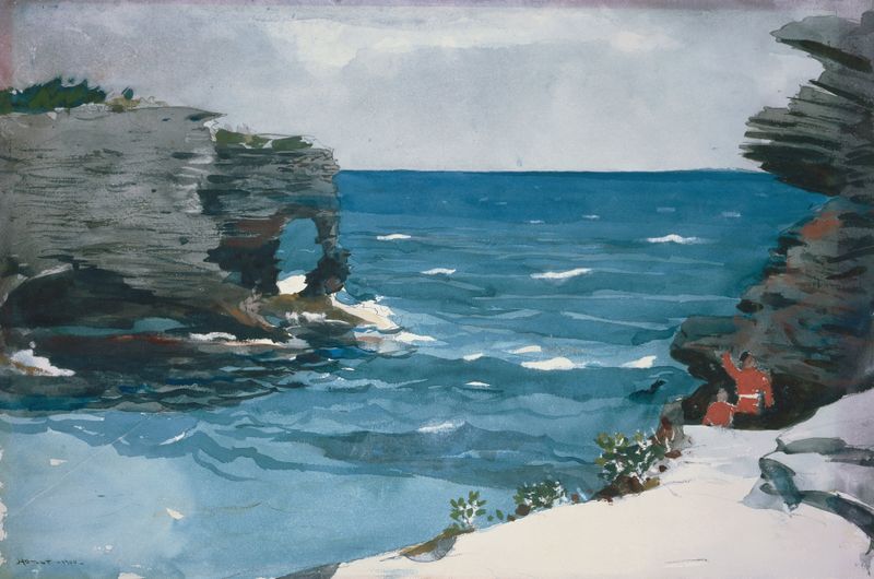 Rocky Shore, Bermuda de Winslow Homer, aquarela sobre papel que retrata rochas rugosas e tons suaves.