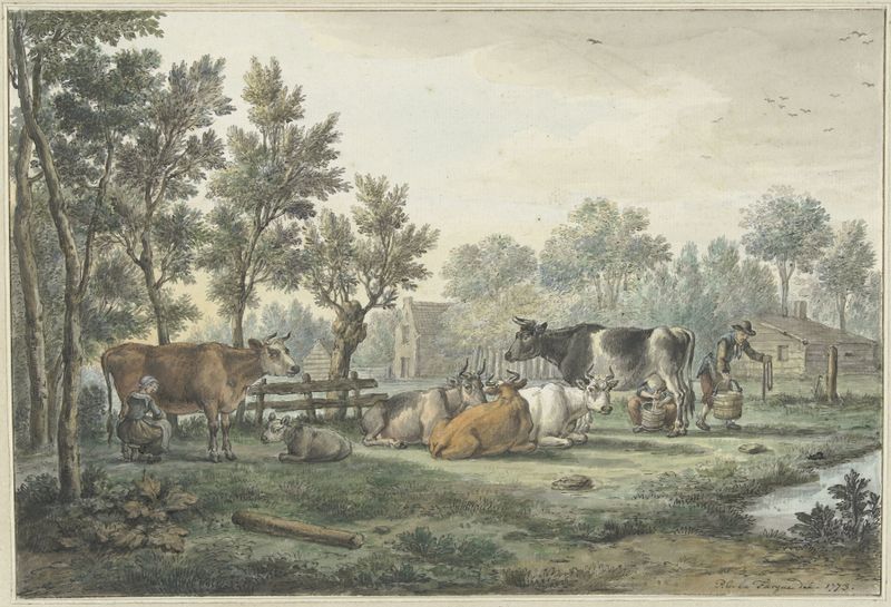 Óleo sobre tela de Paulus Constantijn la Fargue mostrando vacas em uma paisagem rural