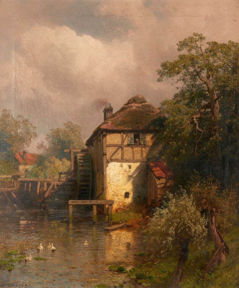 Paisagem com um moinho na luz dourada de Hermann Ottomar Herzog, pintura a óleo
