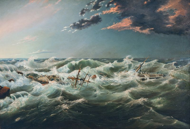 The Admella wrecked, Cape Banks, 1859 por James Shaw, retratando um navio em um oceano tempestuoso.