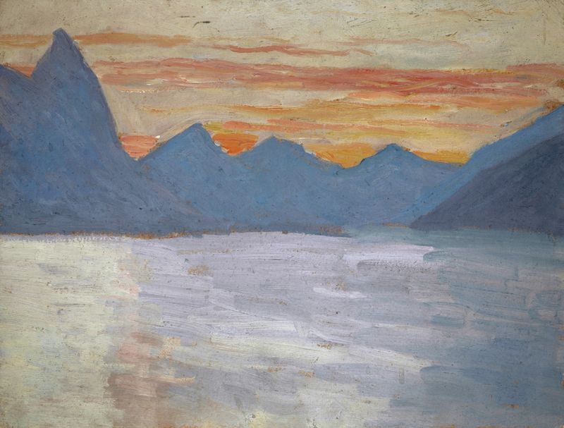 Pintura al óleo de paisaje de Ernst Schiess que representa un lago y montañas al amanecer.