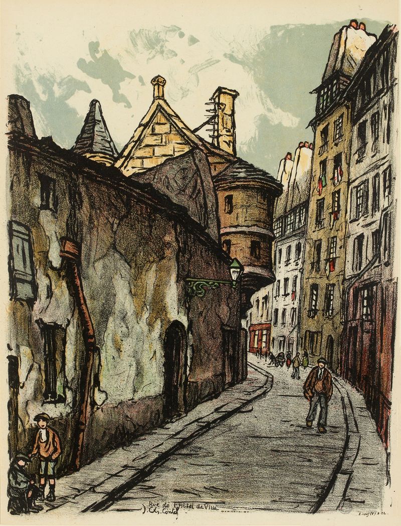 Rue de l’Hôtel de Ville, oil on canvas by Jean-Charles Contel, depicting an urban landscape.