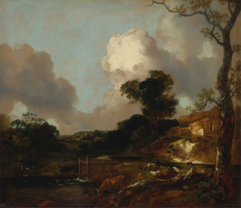 Paisagem com Riacho e Barragem, óleo de Thomas Gainsborough