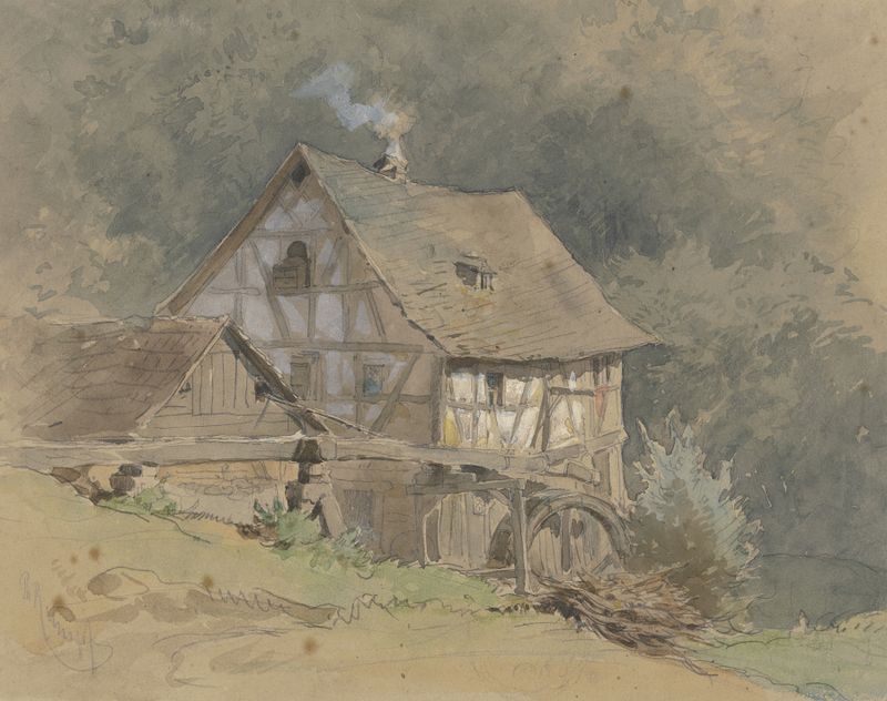 Wassermühle aus Fachwerk by Philipp Rumpf, depicting a wooden watermill by a stream.