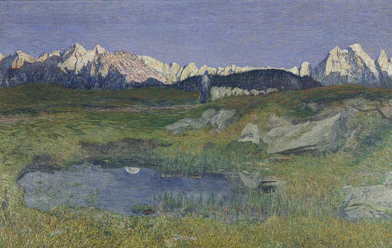 Alpine Landscape at Sunset by Giovanni Segantini, oil painting depicting twilight sky over mountains.