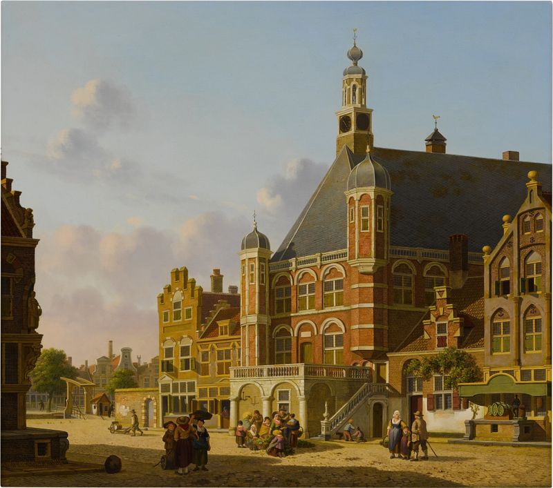 Genre scene depicting a busy town square with townsfolk conversing, by Jan Hendrik Verheijen.