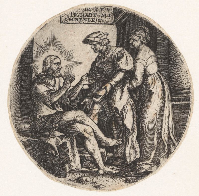 Grabado de Georg Pencz que representa a Cristo en un momento vulnerable, parcialmente cubierto.