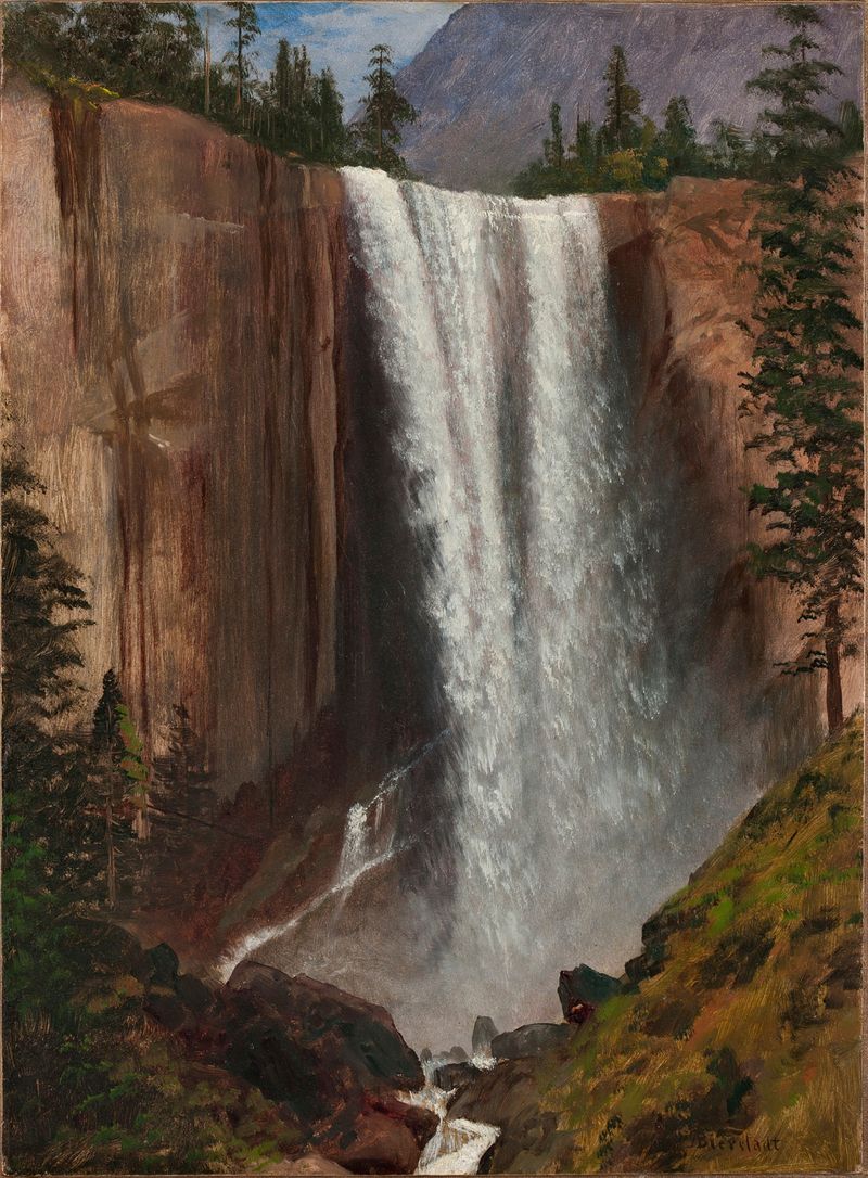Vernal Fall de Albert Bierstadt, pintura al óleo que muestra una cascada y un bosque con luz suave.