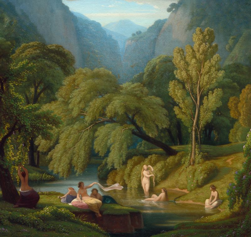 The Bathers, oil on canvas by Théodore Caruelle d'Aligny, depicting figures by a river.
