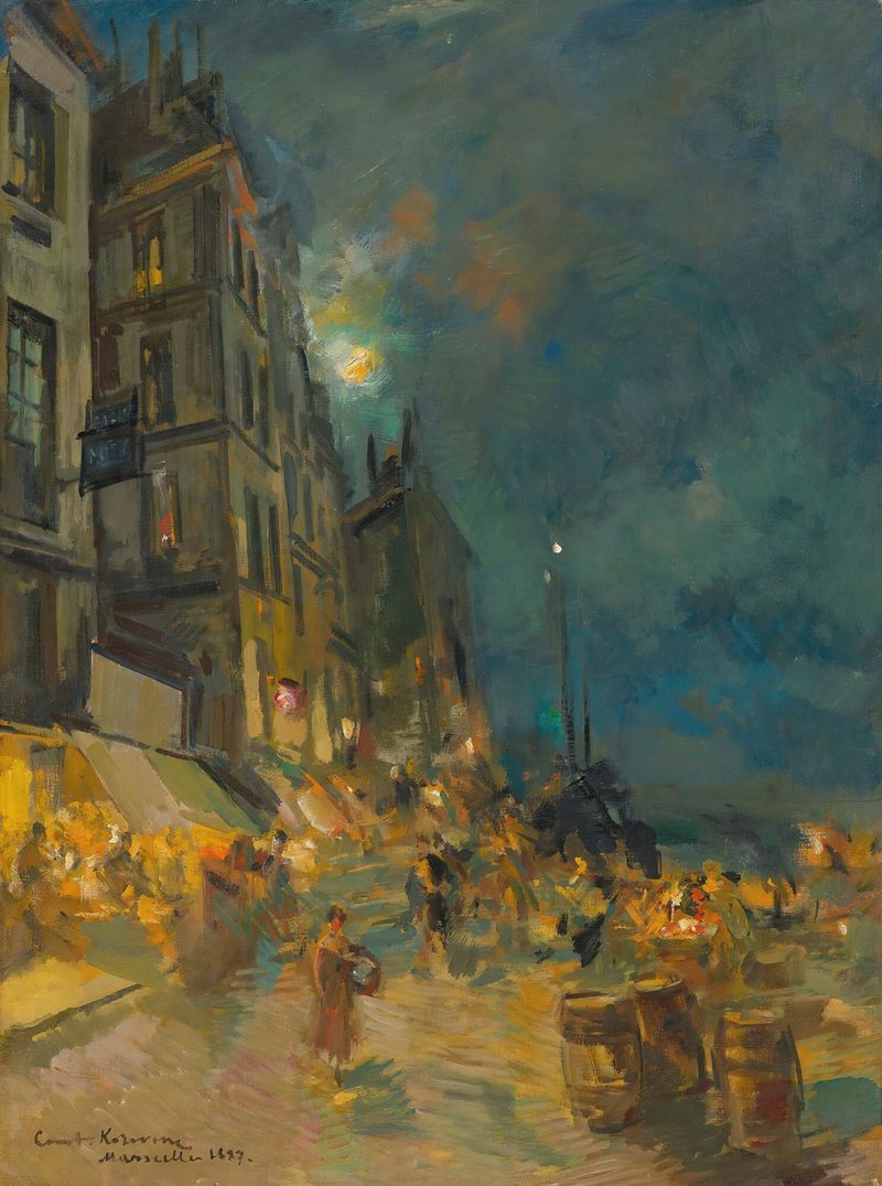 Marseilles Quay By Night, pintura al óleo de Konstantin Alexeevich Korovin, que muestra barcos bajo la luz de la luna.