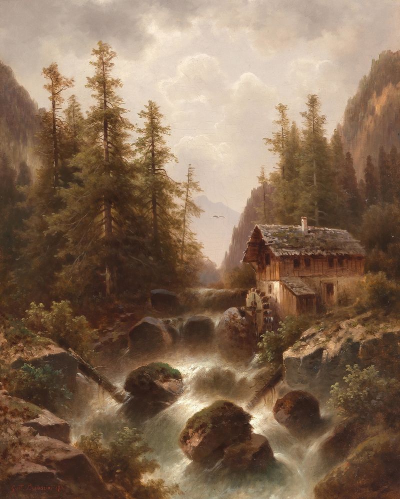 Oil painting by Gustav Barbarini depicting a mill by a mountain torrent