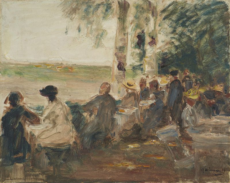 Gartenlokal an der Havel de Max Liebermann, óleo sobre tela que retrata uma cena de jardim tranquila