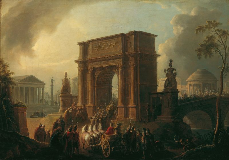 Obra neoclássica de Vinzenz Fischer retratando um general em armadura sob um arco.