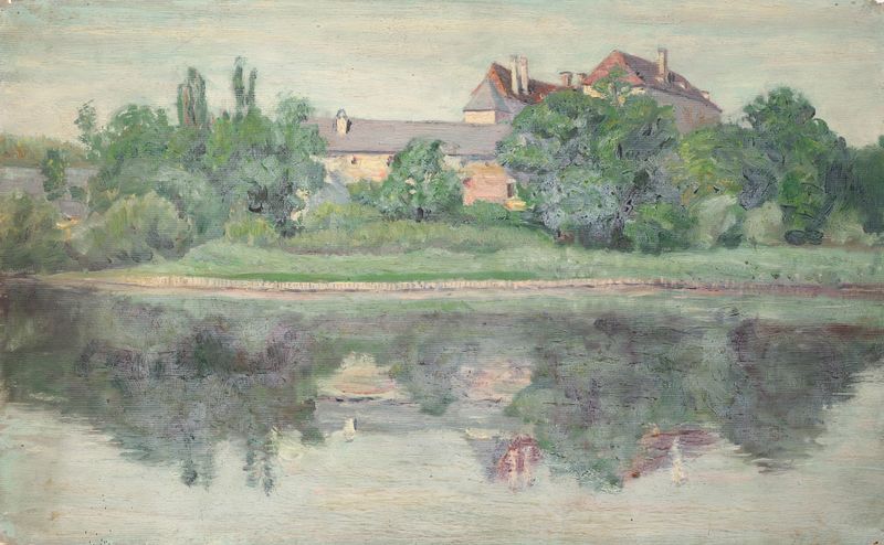 Paisagem expressionista de Schloss am See de Walther Gamerith, com um castelo à beira de um lago.