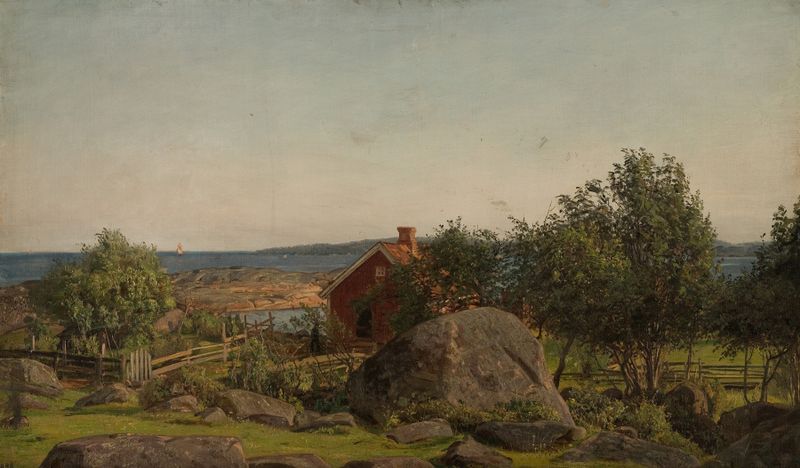 Paisaje de verano con reflejos en el agua de Amaldus Nielsen, pintura al óleo