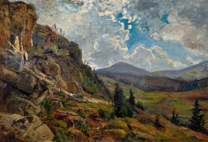 Paisaje de montaña de Wojciech Gerson, pintura al óleo que muestra picos brumosos y colinas onduladas.
