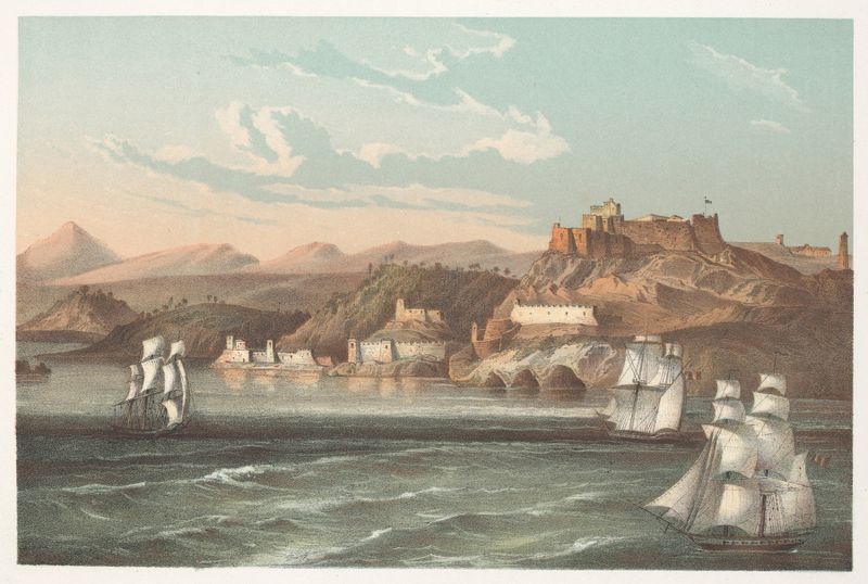 Morro y entrada del puerto de Santiago de Cuba, oil painting by Pierre Toussaint Frédéric Mialhe