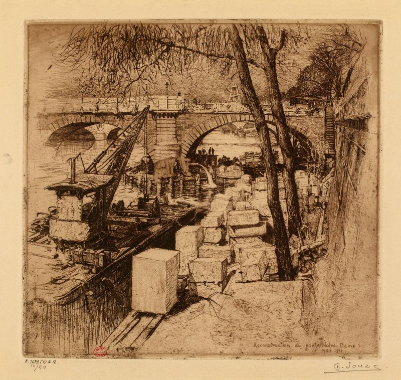 Reconstrucción del puente Notre-Dame de Charles Jouas, acuarela sobre papel