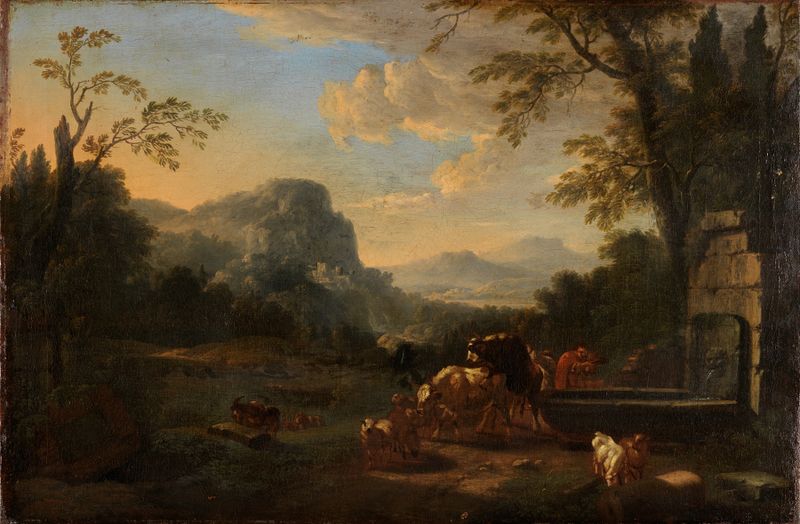 Südliche Gebirgslandschaft mit Hirt und Herde am Brunnen, óleo sobre tela de Johann Franz Ermels