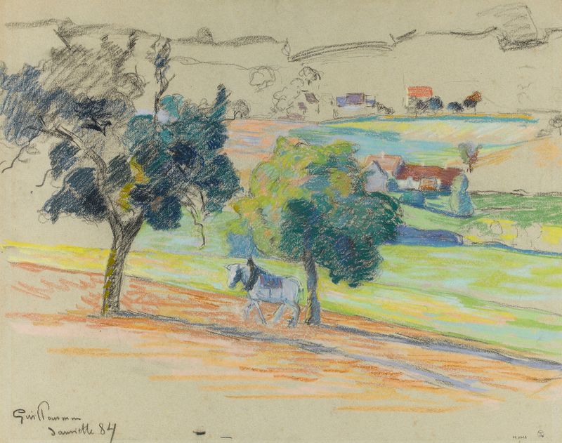 Paisaje de Armand Guillaumin, pintura al óleo que muestra un horizonte apagado en tonos azules y grises.