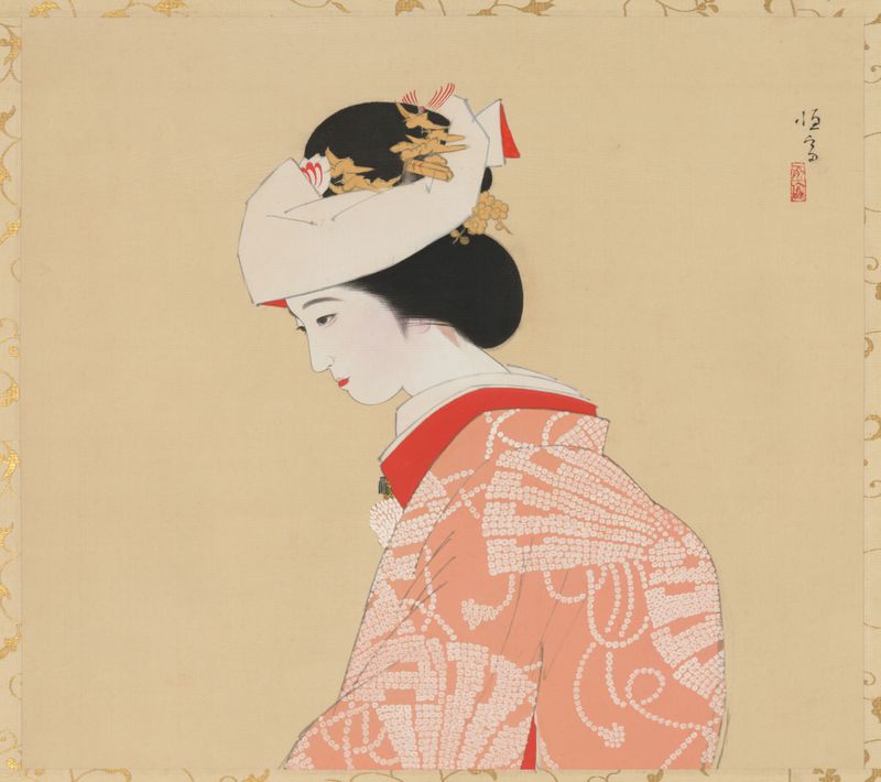 Bride de Kitano Tsunetomi, meio de seda, retratando uma mulher em um kimono vermelho.
