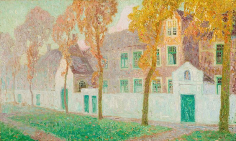 Le Béguinage À Bruges, oil on canvas by Gustave De Smet, featuring a serene path and greenery.