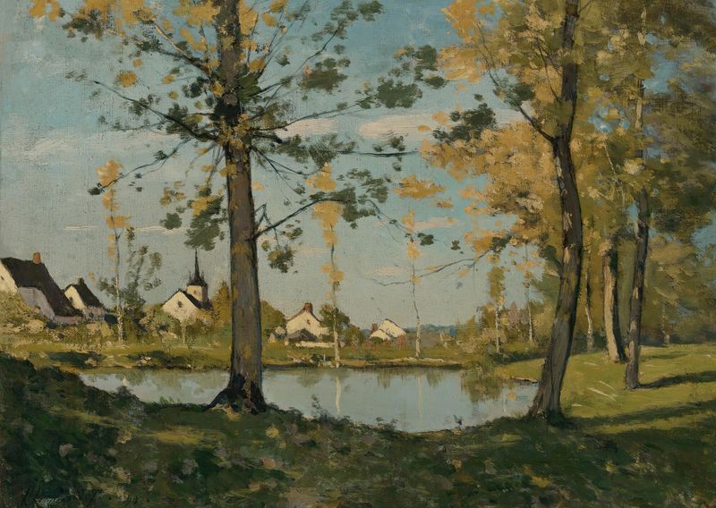 Otoño en Saint-Privé de Henri-Joseph Harpignies, óleo sobre lienzo que muestra un río tranquilo y follaje de otoño.