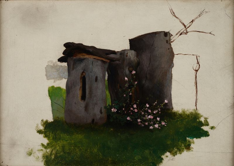 Colmeias em uma paisagem rural, óleo sobre tela de Jan Stanisławski