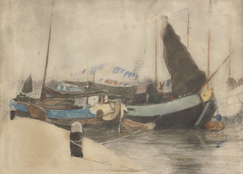 óleo sobre tela de Willem Witsen retratando barcos em água calma sob um céu nublado