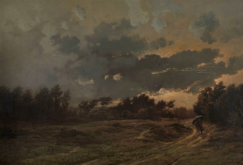Thunderstorm de Louis Derickx, óleo sobre lienzo que representa un paisaje tormentoso